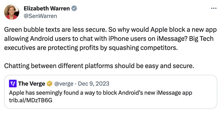Screenshot of Elizabeth Warren tweet about Apple shutting down Beeper mini