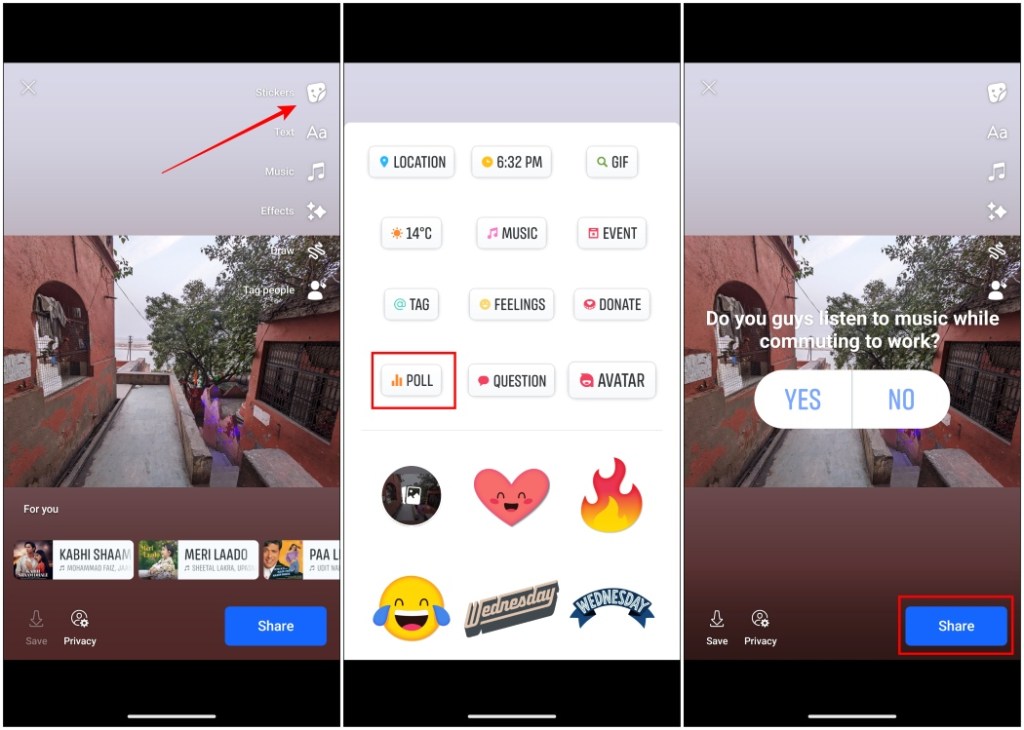 Tap on the sticker icon and select poll option then share the story