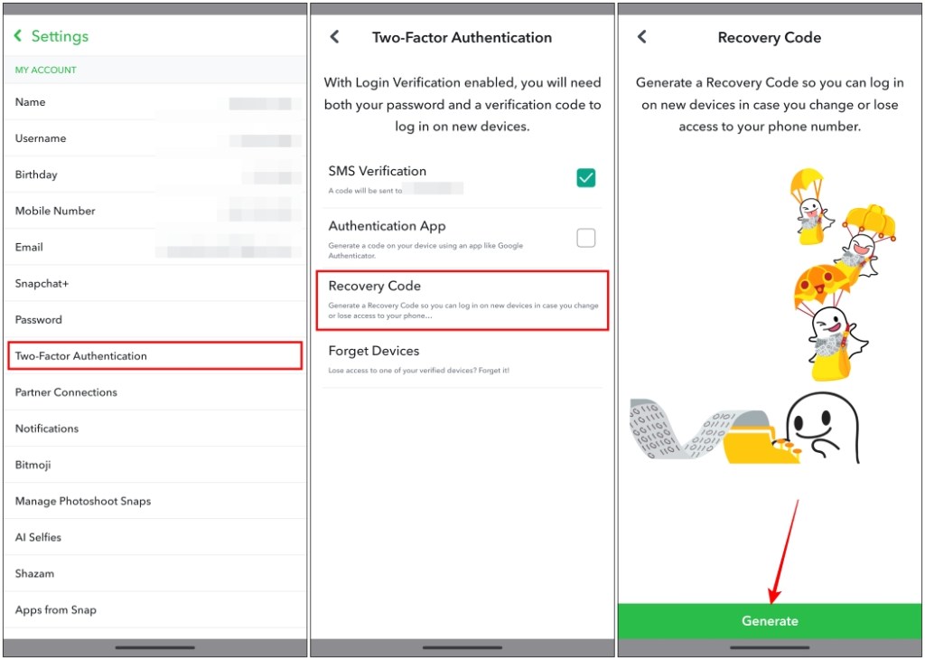 Create a recovery code for your snapchat account from the Two factor authentication menu within Snapchat settings