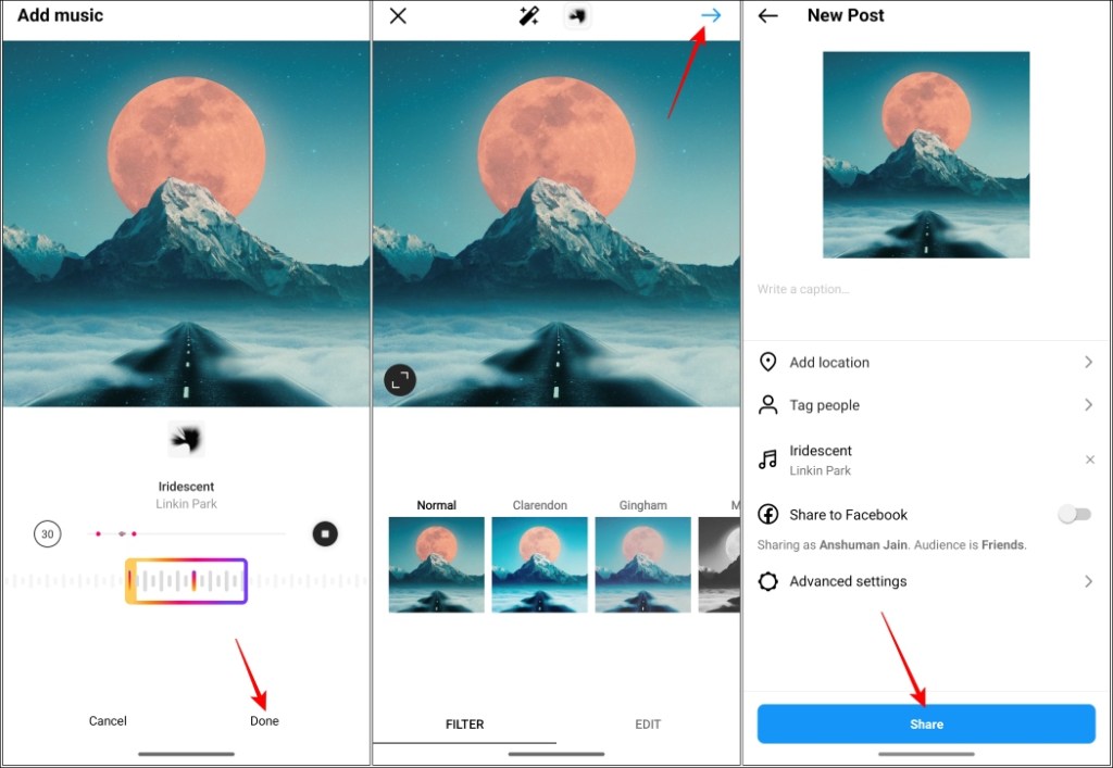 Tap on Done again then press the Share button to upload the post with music