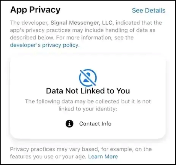 App privacy page of Signal on iOS