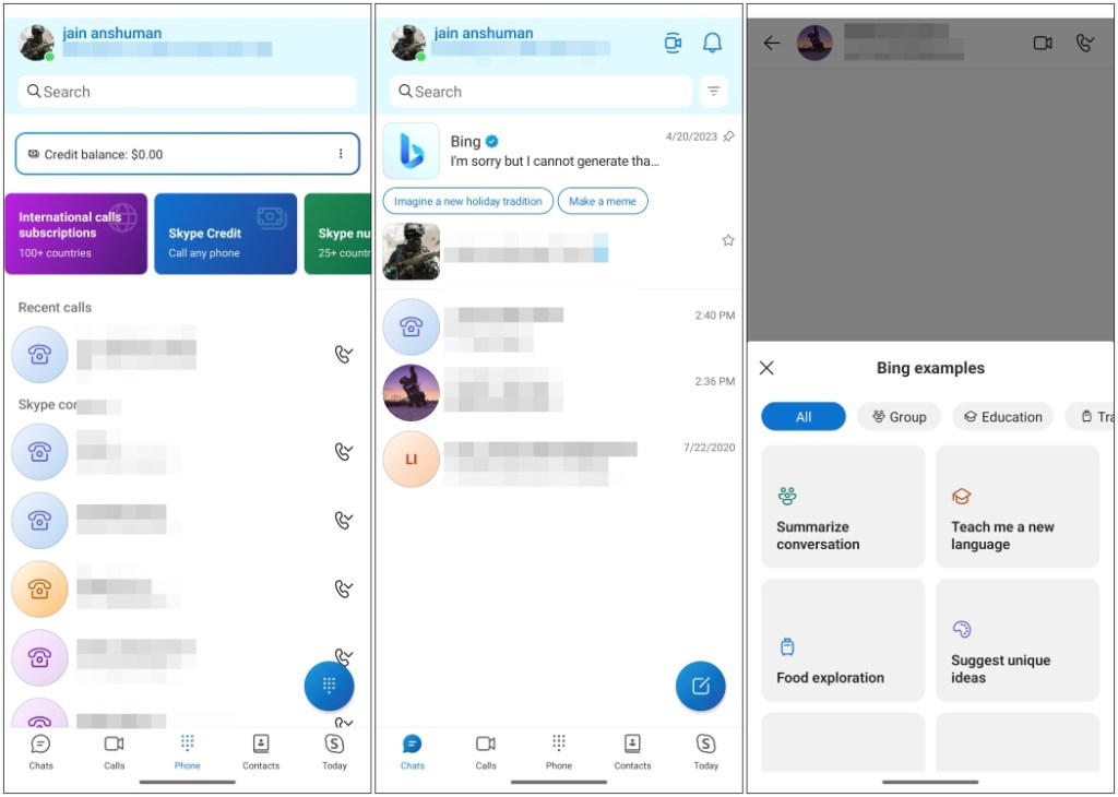 Skype app call and chat screen preview