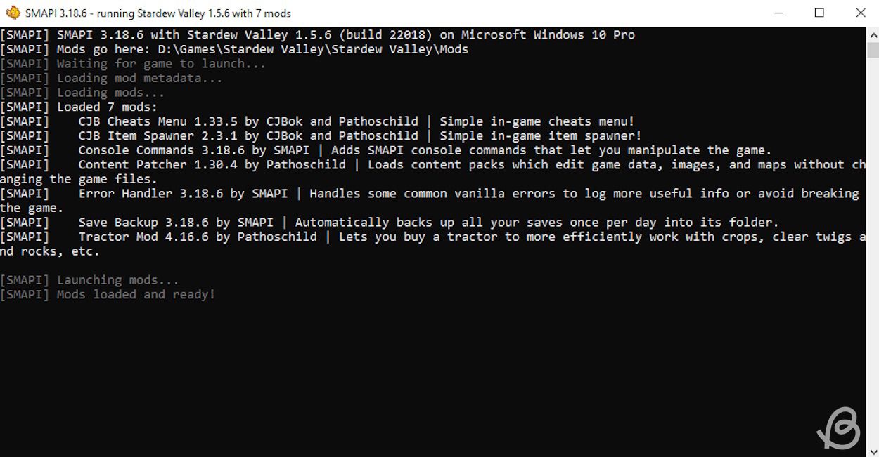 SMAPI loading installed mods to Stardew Valley