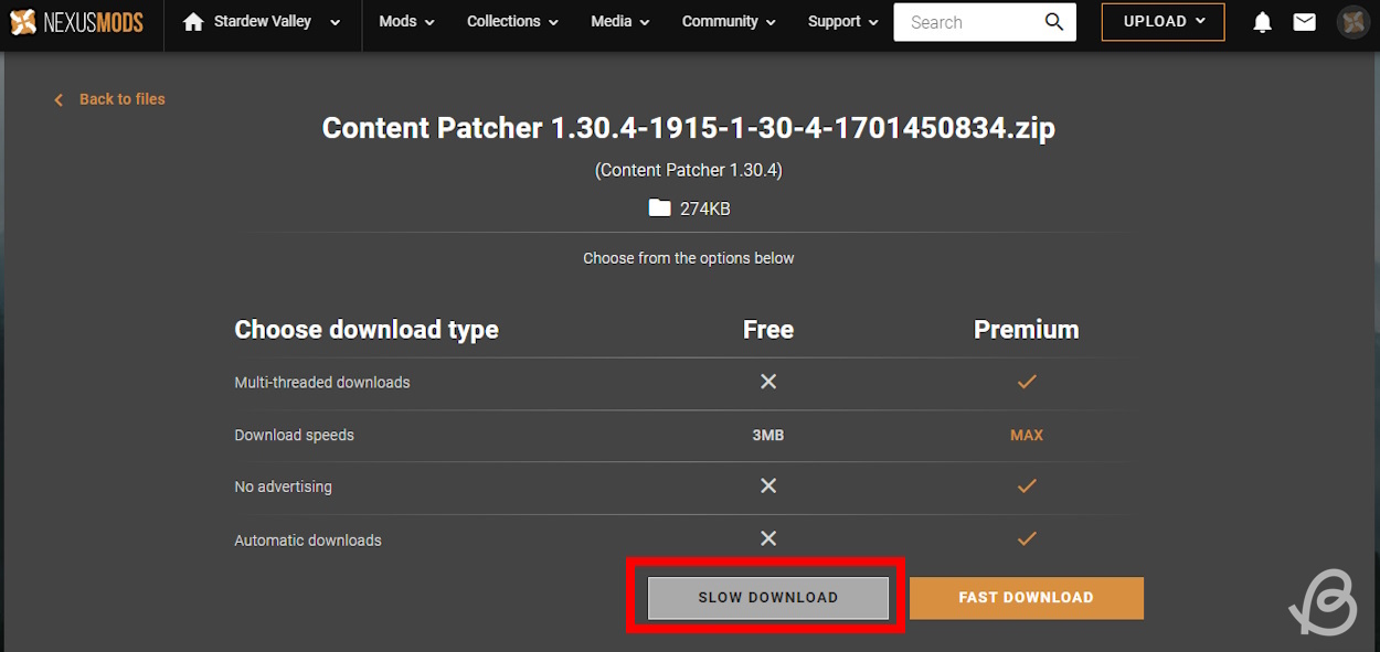 Click on Slow Download to start downloading the Content Patcher mod