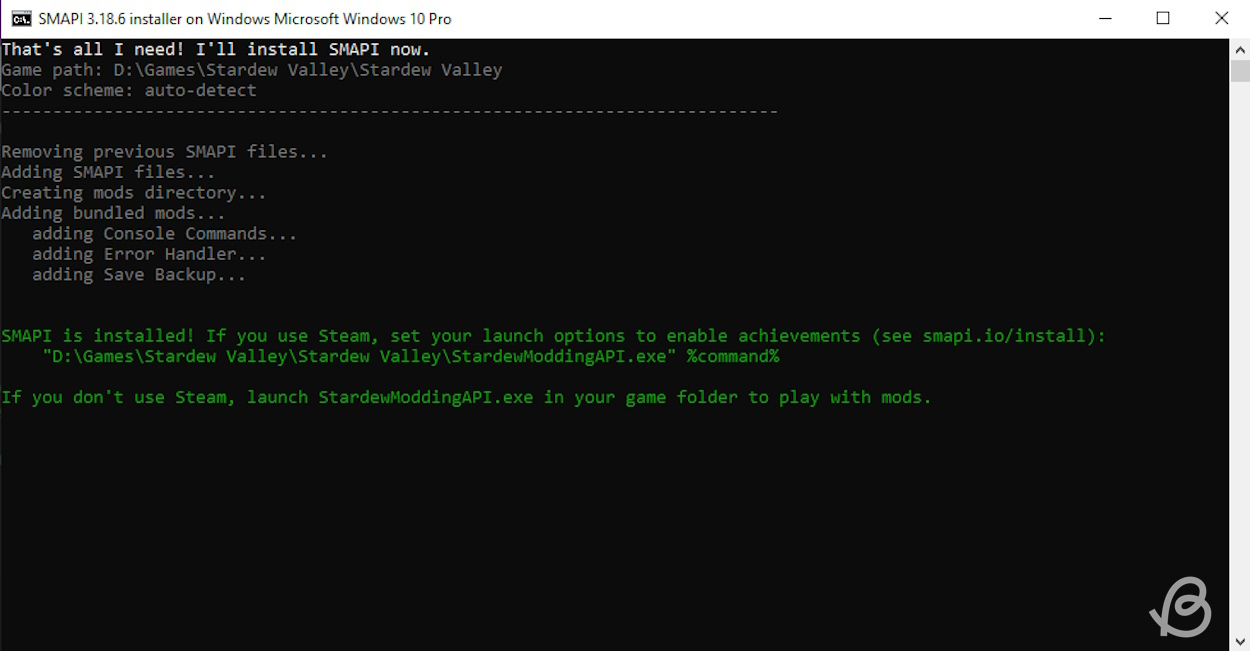Dialogue box letting you know it installed SMAPI in Stardew Valley