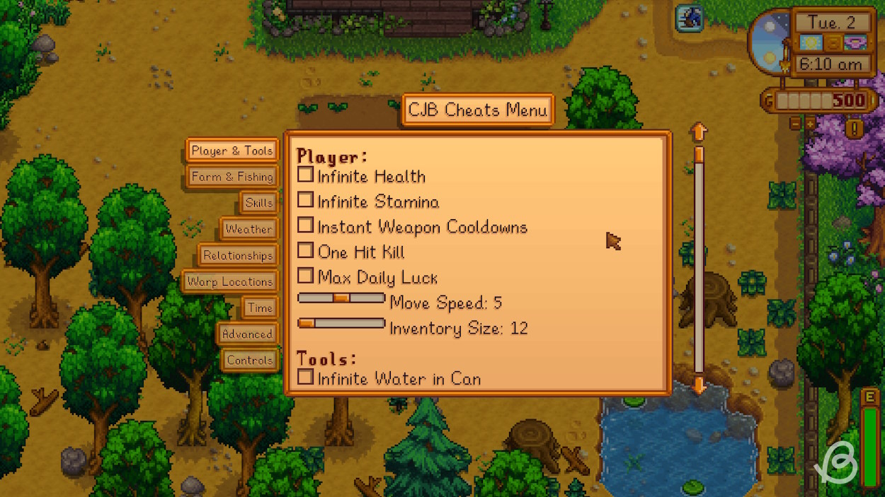 Cheats menu options from the CJB Cheats Menu mod