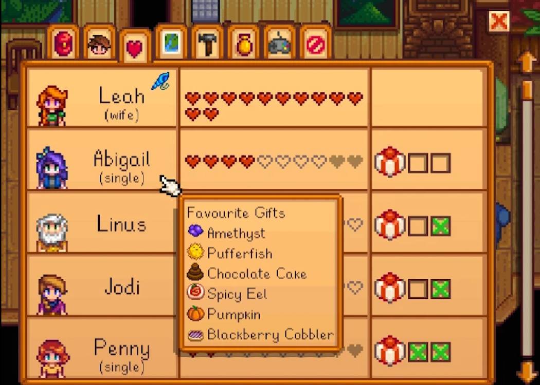 List of liked gifts of a certain NPC in Stardew Valley with the Gift Taste Helper mod