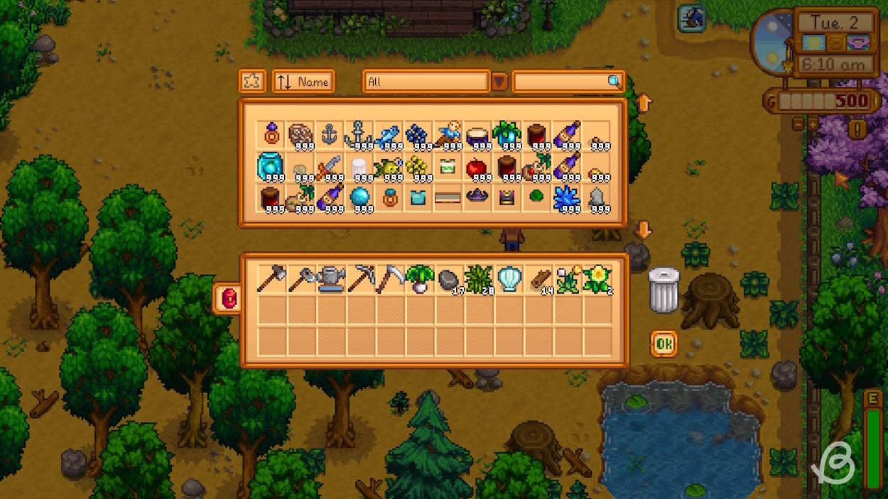 Menu of all items in Stardew Valley using the CJB Item Spawner mod