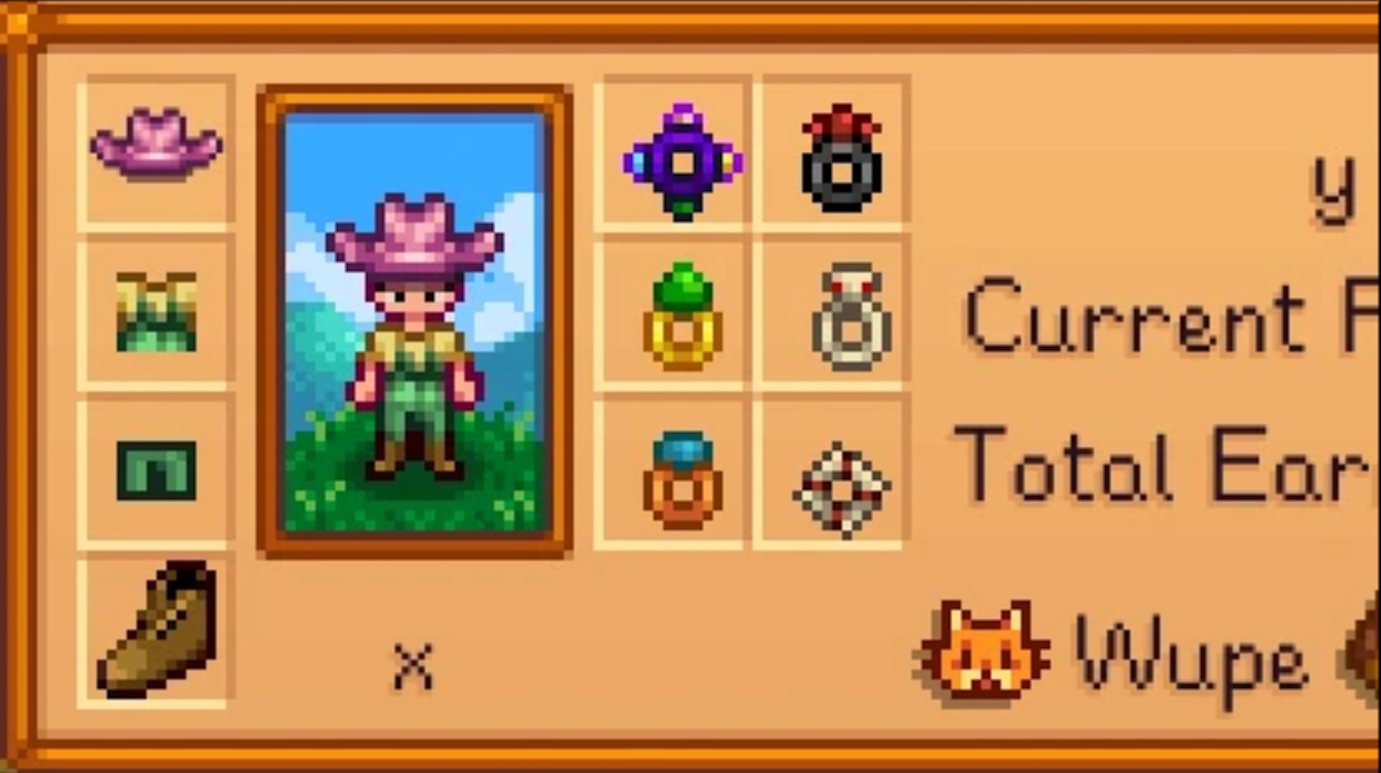 Player inventory with more ring slots then normal using the Wear More Rings mod in Stardew Valley