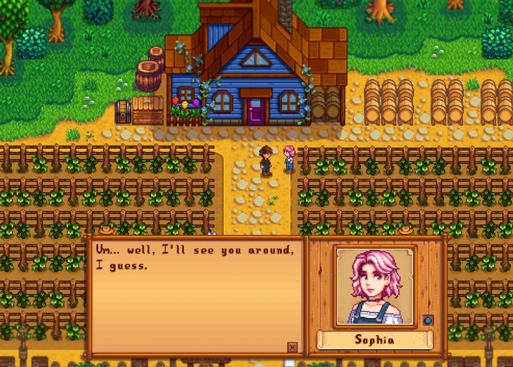 Player talking to Sophia, one of the characters from the Stardew Valley Expanded mod