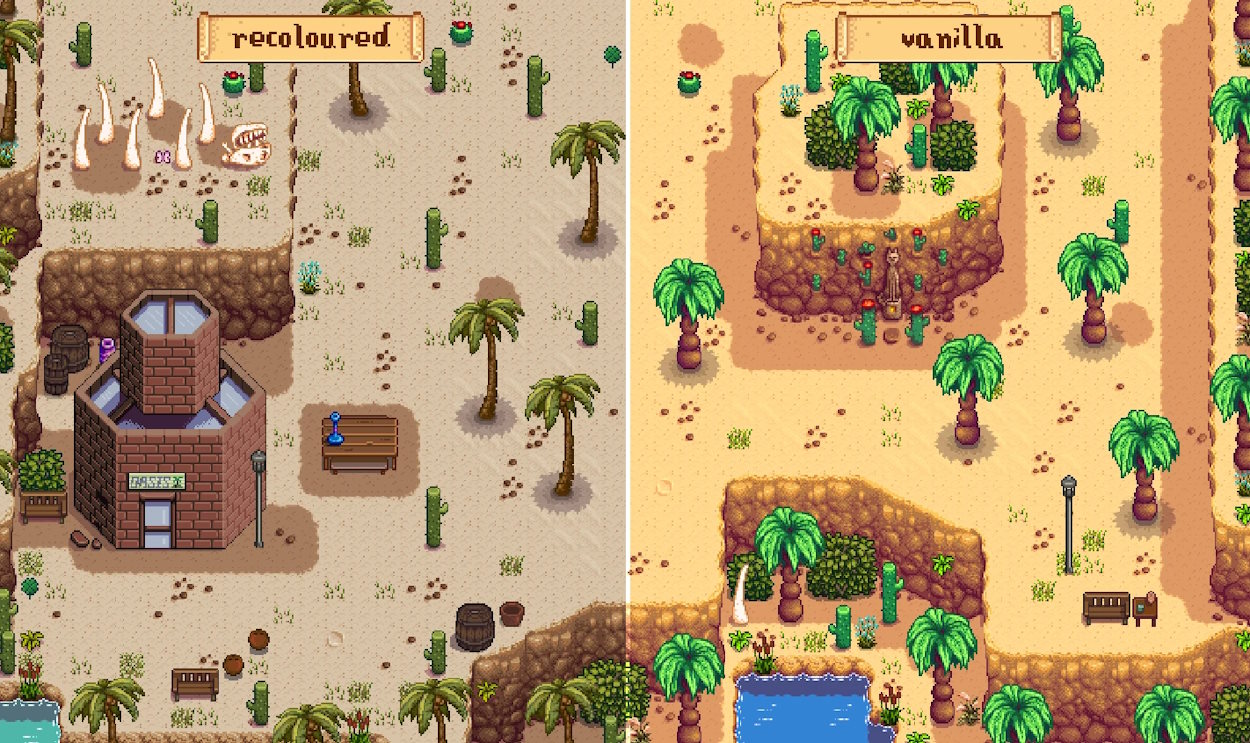 Vanilla Stardew Valley on the right and Earthy Recolour mod on the left
