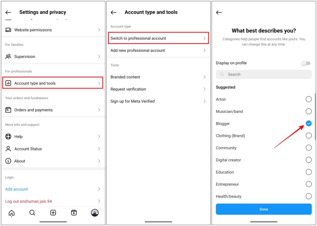 Change account type to Business from personal from Instagram settings