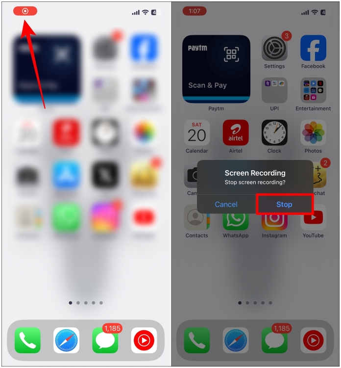 Tap on the red screen recording notification and select stop recording in the confirmation box 