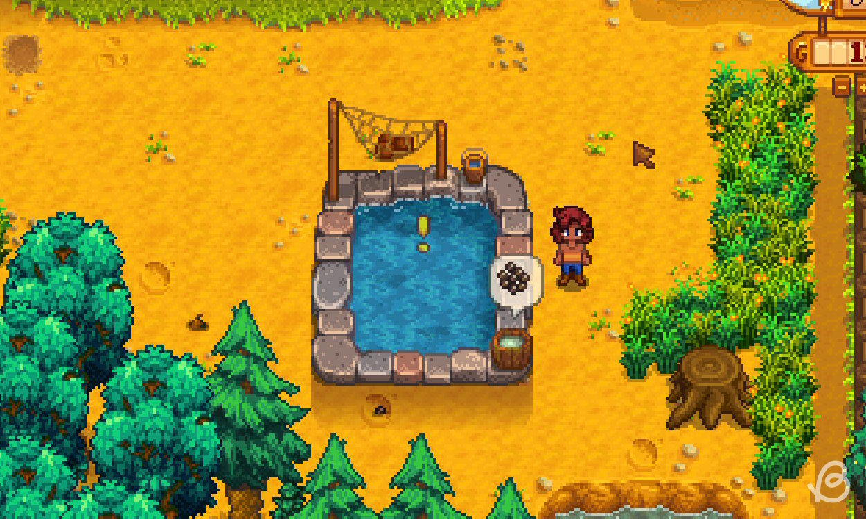 Player next to a fish pond containing sturgeons in Stardew Valley