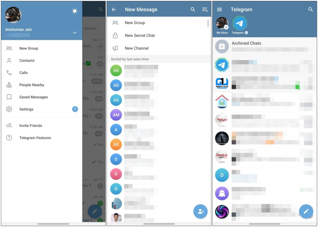 View of Telegram's homepage and new chat screen