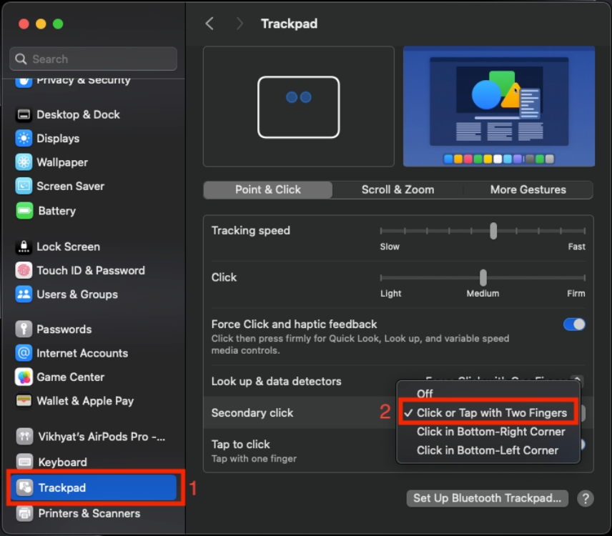 Trackpad settings on Mac