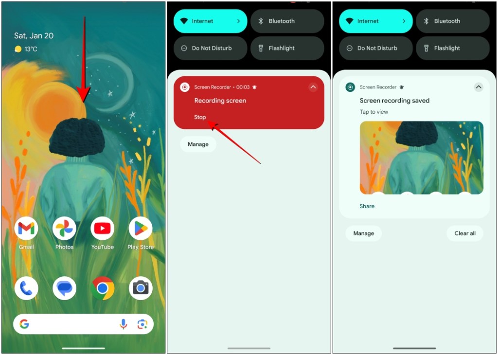 Pull down notification shade then press Stop on screen recording notification on Android to stop it.