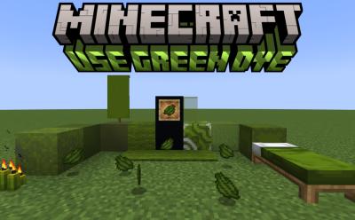 All sorts of different green blocks in Minecraft and green dye on the ground and in an item frame