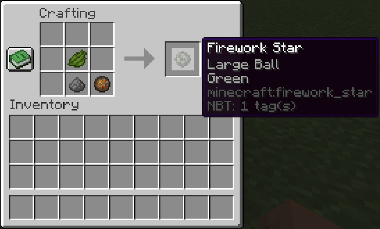 Creating a firework star using green dye in Minecraft
