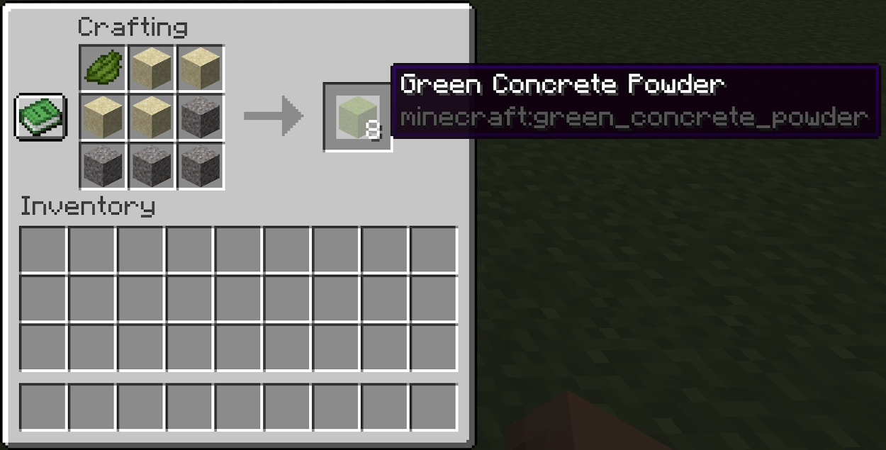 Crafting green concrete powder using green dye in Minecraft