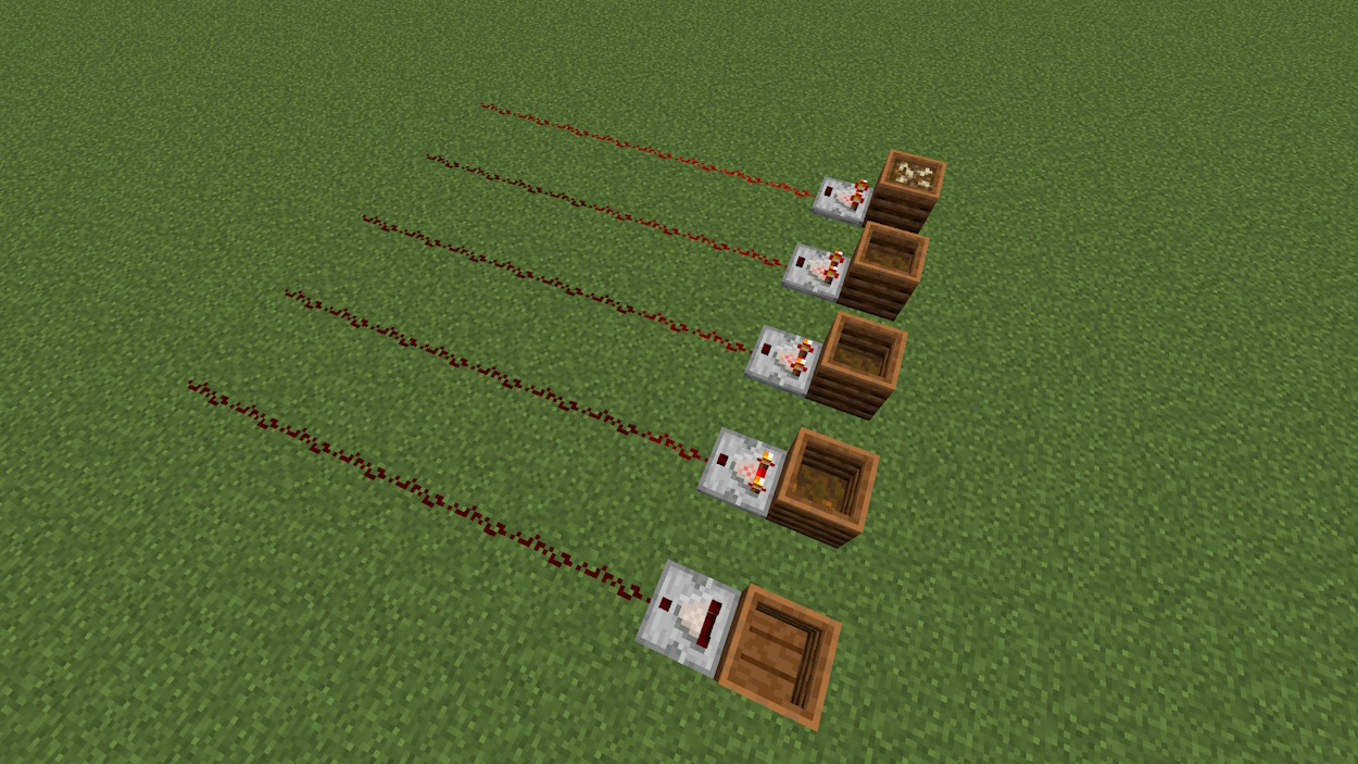 Multiple redstone comparators reading signal outputs from multiple composters, as one of the uses of this block is that it's a redstone component in Minecraft