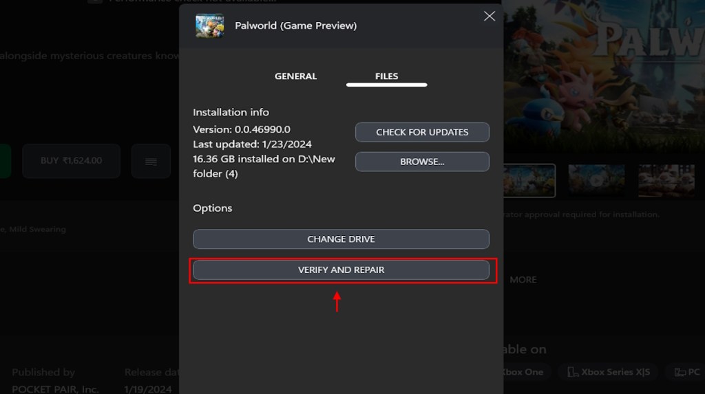 Verify and Repair Palworld in Xbox to fix error