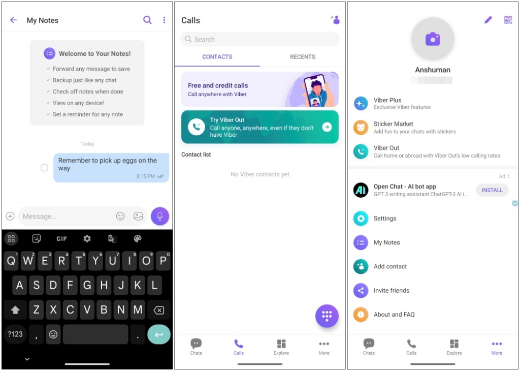 Viber in app chat window call screen and profile page preview
