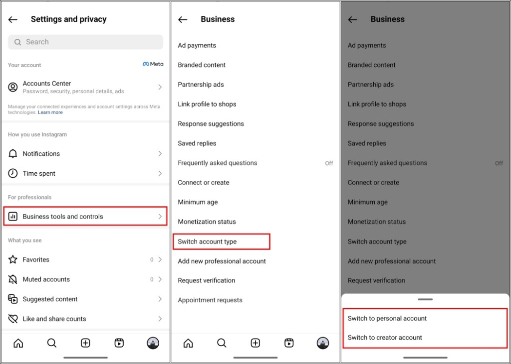 Switch account type to Creator or Personal within Business Tools and Controls