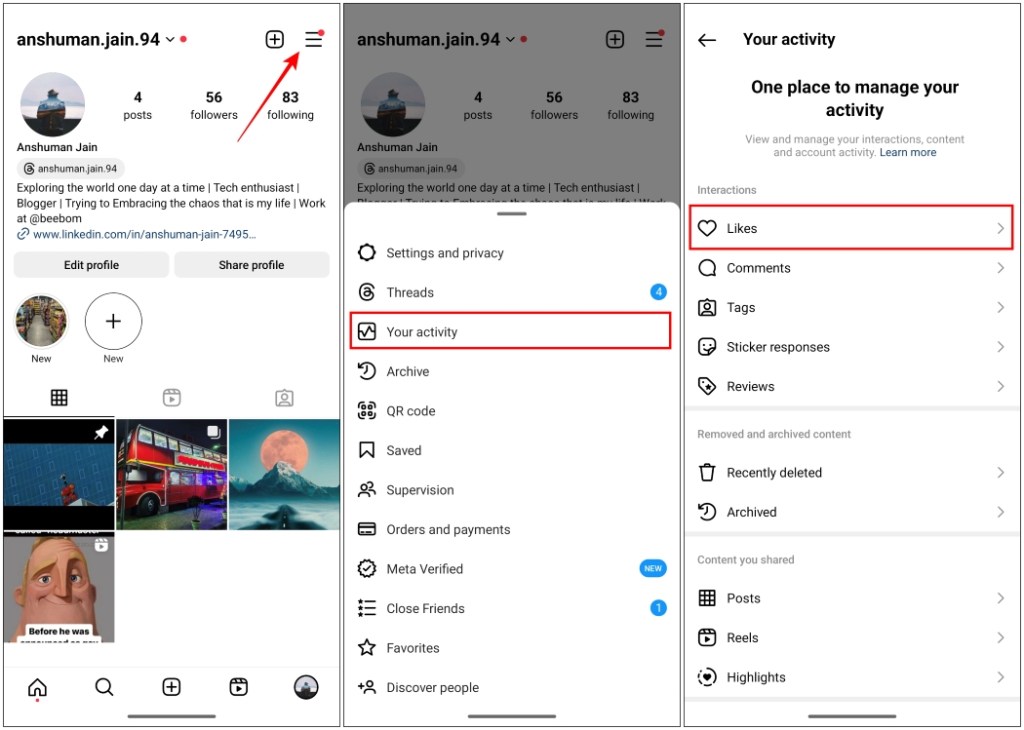 View liked posts and reels on Instagram from Your activity section of your profile