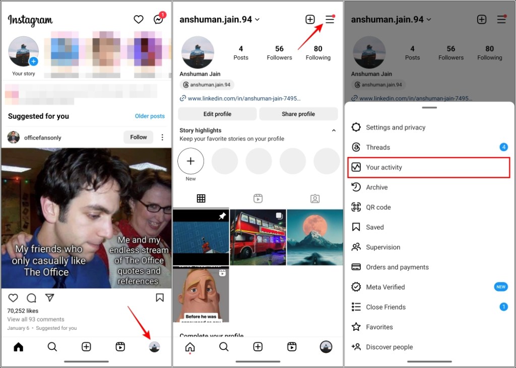 Head to the Your Activity menu on Instagram from your profile page