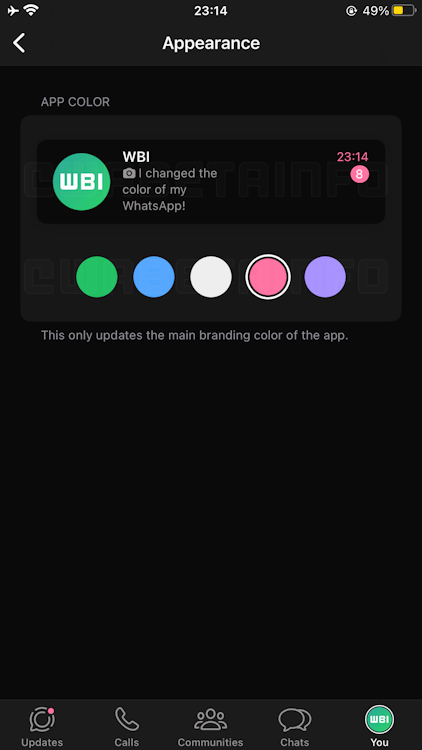 WABetaInfo new WhatsApp main color change report screenshot