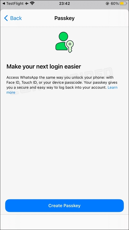 Screenshot showing WhatsApp Passkeys setup screen in iOS