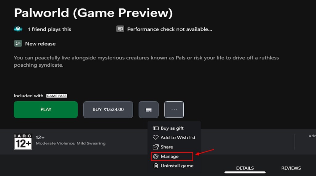 Xbox Palworld dashboard manage option