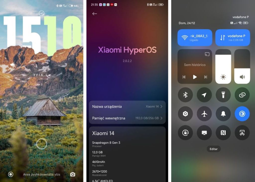 Xiaomi EU HyperOS lock screen, Quick Settings, and about