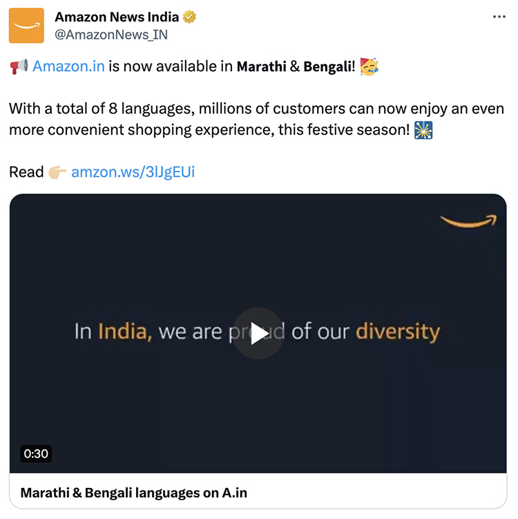 Screenshot of amazon india tweet announcing marathi and bengali support