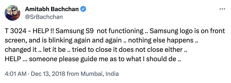screenshot of amitabh bachhan's tweet about s9 issue