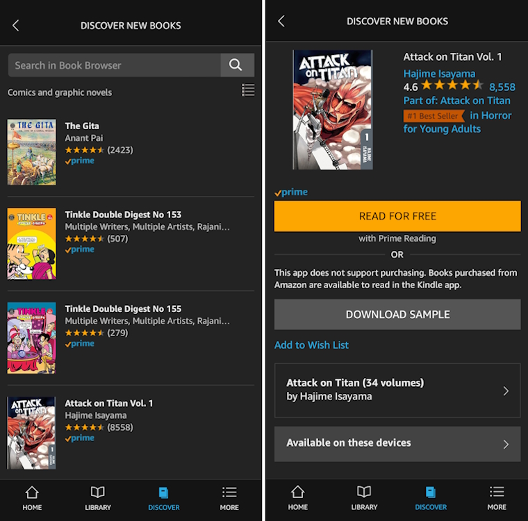 manga section of comics and manga app by amazon
