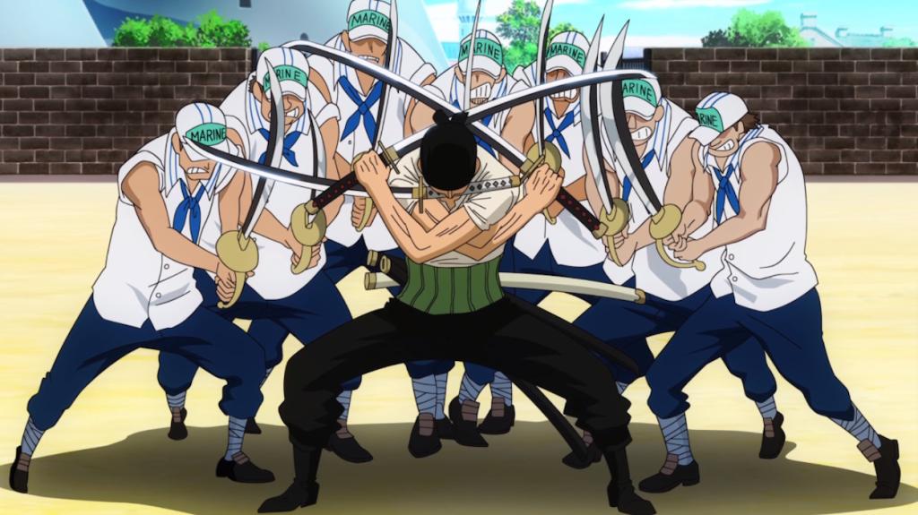 An image of Zoro with dual katanas in One Piece.