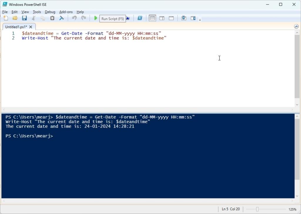 find current date and time using powershell ISE scripting