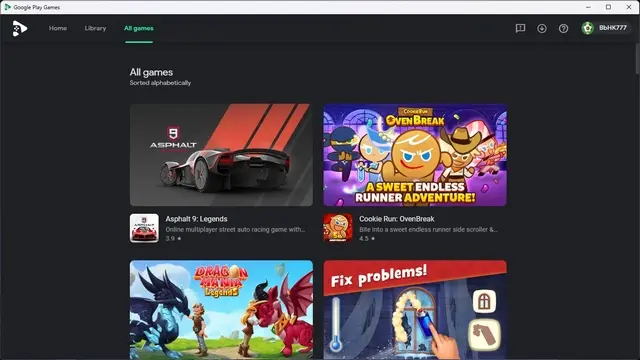 google play games on pc interface
