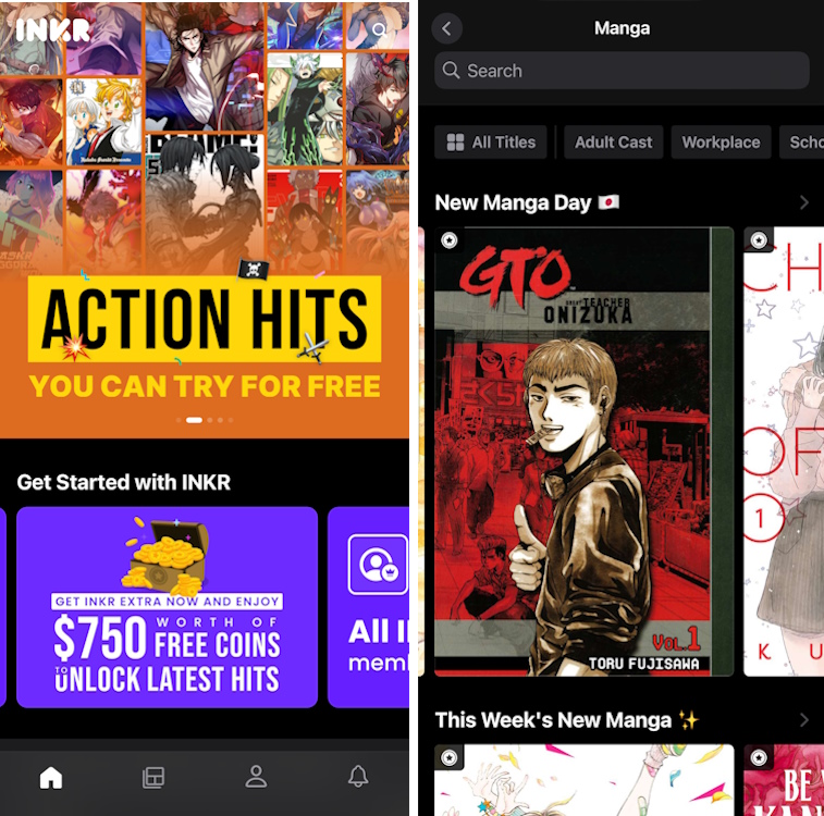 homepage and manga section of INKR comics app