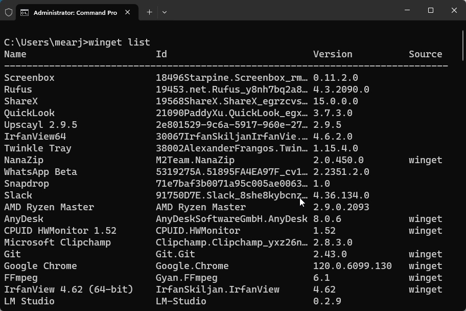list all installed apps using winget