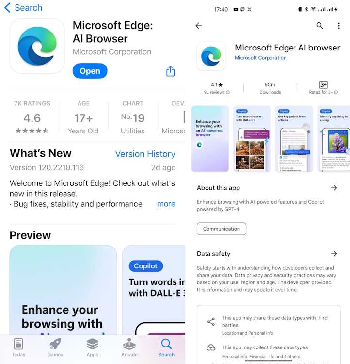 microsoft edge rebranded to AI browser on play store and iOS app store