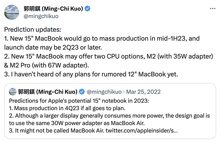 screenshot of ming chi kuo tweet about m2 macbook launch