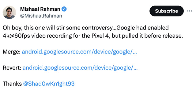 Screenshot of Mishaal Rahman's tweet about the Pixel 4's 4K 60FPS video recording feature being pulled before release.