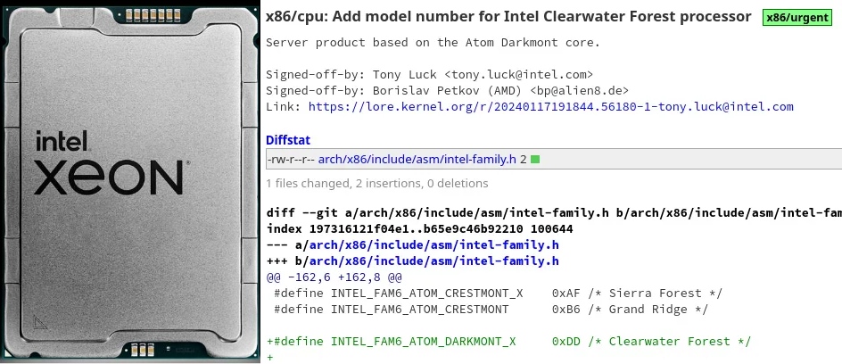 new intel xeon clearwater forest featuring darkmont e core spotted in linux patch