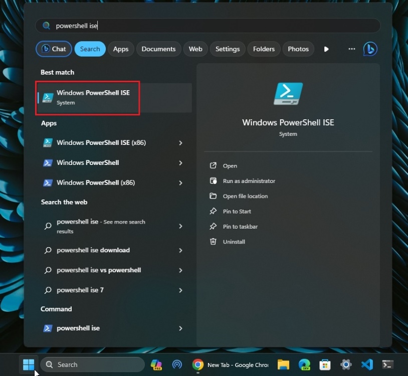 open powershell ise from windows 11 start menu