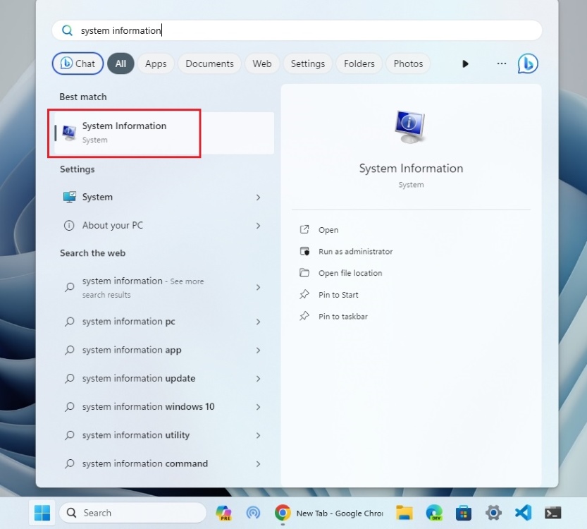 open system information from start menu