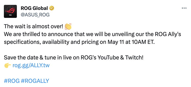Screenshot of rog tweet regarding the ROG ally announcement