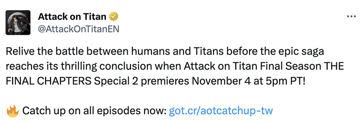 screenshot of attack on titan tweet announcing the release date of the final season